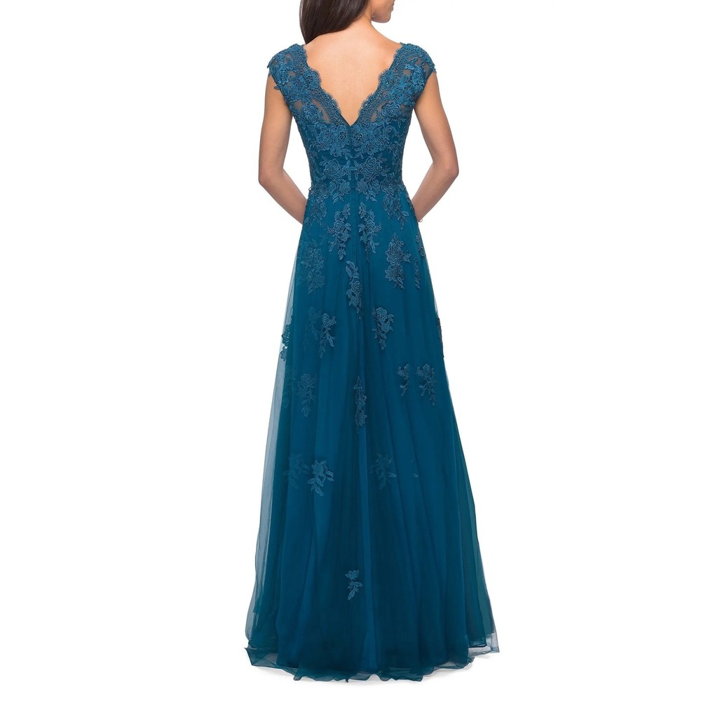 La Femme Teal Blue 26942 Embellished Tulle & Lace A-Line Gown Size 12 NWT - Picture 2 of 7